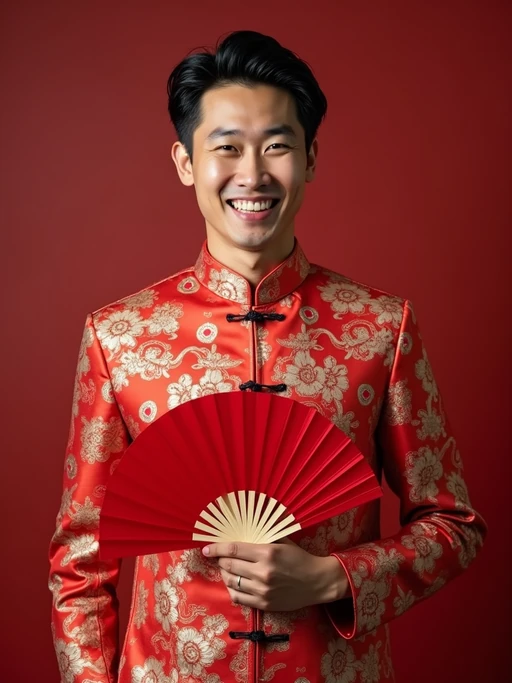 a model in if(gender=f){a silk qipao with embroidered details} if(gender=m){a festive Tang suit with traditional elements}, embodying the joyful and prosperous nature of Chinese New Year, with a red fan or lucky ornament in hand