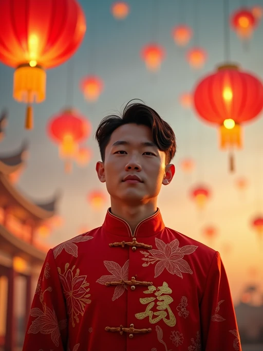 a stunning model celebrating Chinese New Year, sky full of traditional floating lanterns, wearing if(gender=f){a beautiful qipao dress in red and gold} if(gender=m){a traditional Tang suit in auspicious colors}