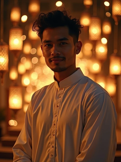 a stunning model celebrating Ramadan, surrounded by traditional lanterns and fairy lights, wearing if(gender=f){a beautiful modest outfit with elegant hijab} if(gender=m){a traditional thobe or kurta}, with crescent moon decorations in the background