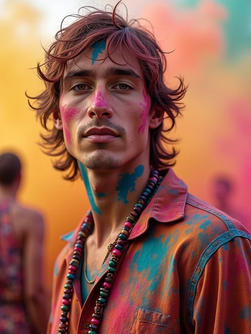 a stunning model in if(gender=f){a white outfit now transformed by the colors of Holi} if(gender=m){traditional clothes now painted with festival colors}, capturing their eclectic and vibrant look against a backdrop of color explosions