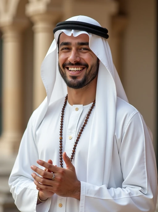 a model in if(gender=f){a modest festive outfit with embroidered details} if(gender=m){a crisp white thobe with subtle embellishments}, embodying the joyful and blessed nature of Eid, with prayer beads in hand