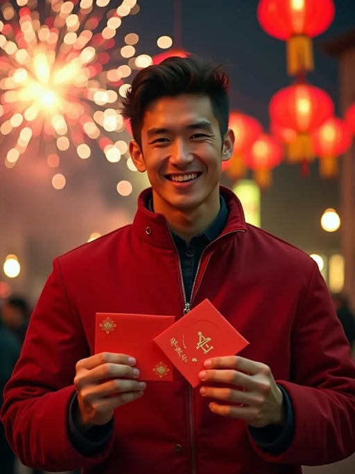 a model with if(gender=f){a happy expression while participating in Chinese New Year traditions} if(gender=m){a prosperous look while giving red envelopes}, adding a festive quality to their celebration, with fireworks and lanterns visible in the background
