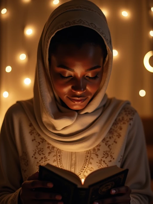 a model with if(gender=f){a serene expression while reading Quran in a beautifully decorated space} if(gender=m){a contemplative look while arranging dates for iftar}, adding a spiritual quality to their Ramadan observance, with soft golden lights and crescent moon decorations visible in the background