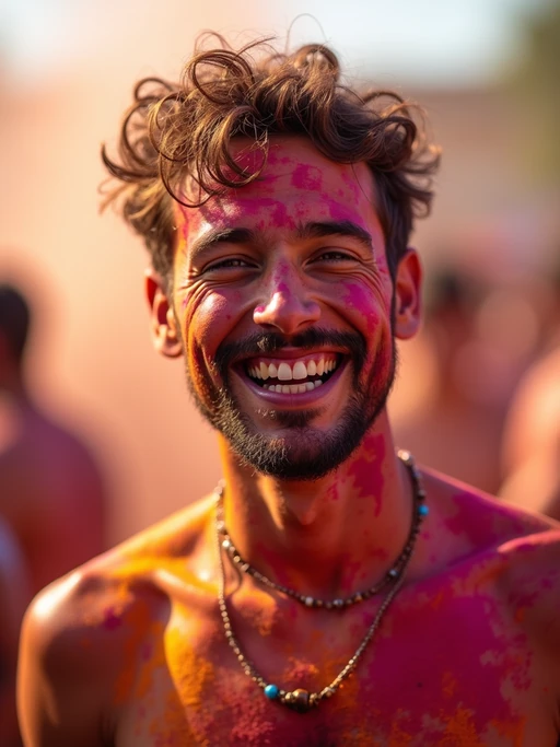 a model enjoying the Holi celebration, with if(gender=f){colorful powder in her hair and on her smiling face} if(gender=m){vibrant colors covering his face and shoulders}, radiating joy under the bright festival lights