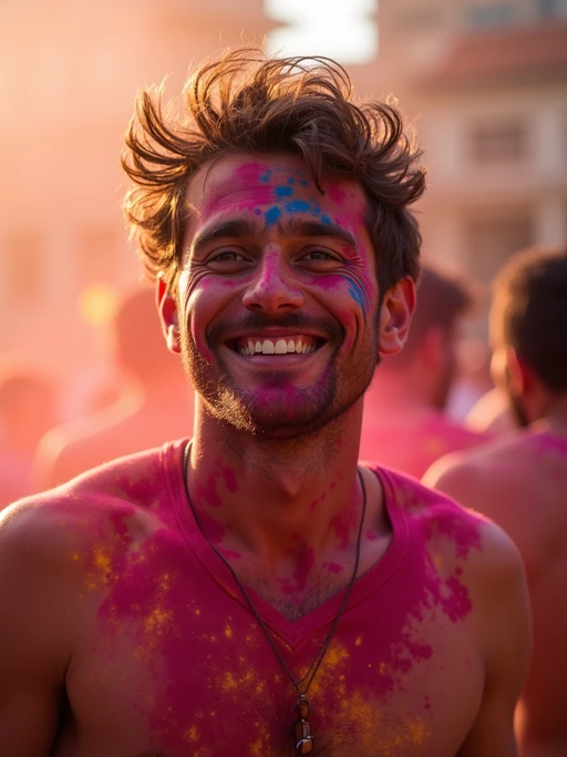 a model enjoying the Holi celebration, with if(gender=f){colorful powder in her hair and on her smiling face} if(gender=m){vibrant colors covering his face and shoulders}, radiating joy under the bright festival lights