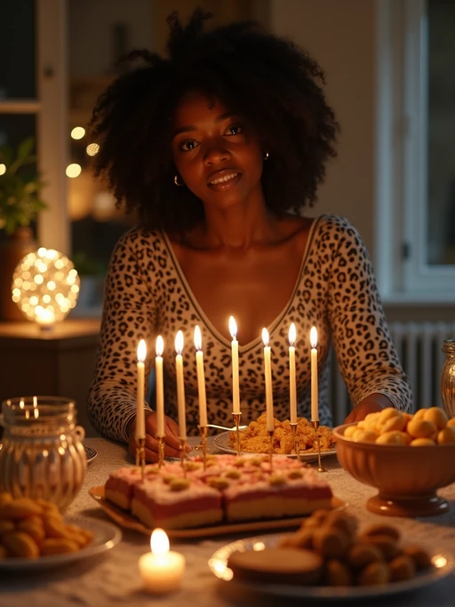 an incredibly attractive model during Hanukkah evening celebrations, surrounded by glowing candles, preparing for family gathering with traditional foods on a beautifully decorated table