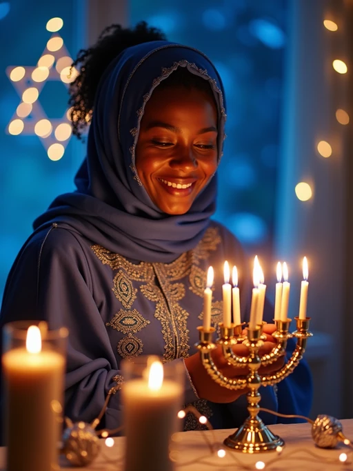 a stunning model celebrating Hanukkah, surrounded by lit menorahs and twinkling lights, wearing if(gender=f){a beautiful modest outfit in blue and silver} if(gender=m){a traditional festive attire}, with Star of David decorations in the background