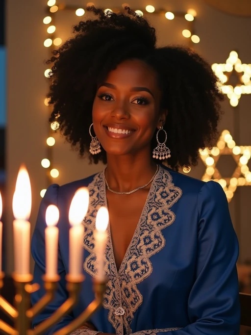 a stunning model celebrating Hanukkah, surrounded by lit menorahs and twinkling lights, wearing if(gender=f){a beautiful modest outfit in blue and silver} if(gender=m){a traditional festive attire}, with Star of David decorations in the background
