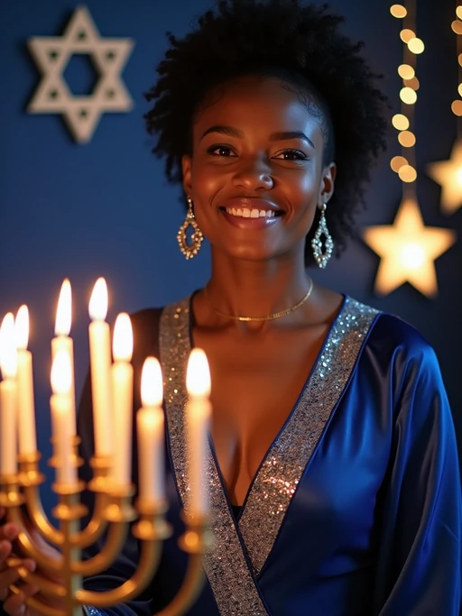 a stunning model celebrating Hanukkah, surrounded by lit menorahs and twinkling lights, wearing if(gender=f){a beautiful modest outfit in blue and silver} if(gender=m){a traditional festive attire}, with Star of David decorations in the background