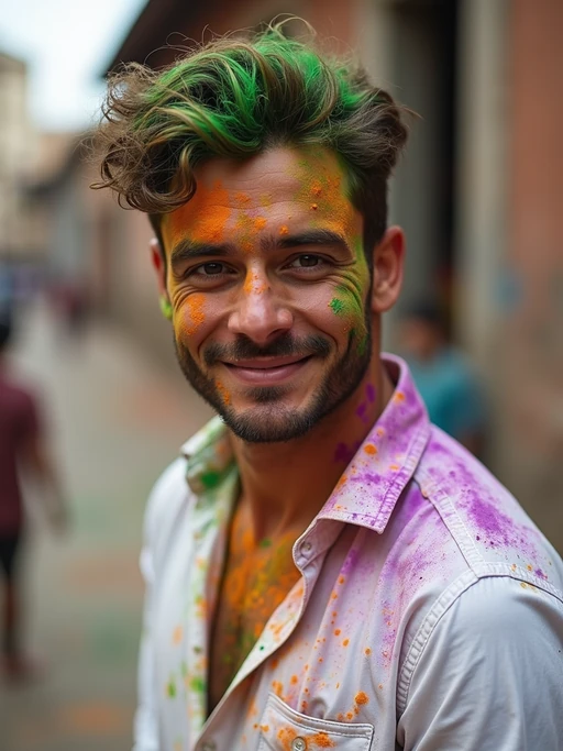 a model in if(gender=f){a simple cotton outfit} if(gender=m){a casual white shirt}, capturing their infectious energy during Holi, with their face and clothes beautifully decorated with green, orange, and purple colors