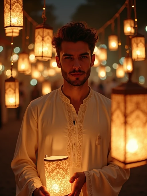 a stunning model celebrating Eid, surrounded by traditional lanterns and fairy lights, wearing if(gender=f){a beautiful modest outfit with elegant hijab} if(gender=m){a traditional thobe or kurta}, with crescent moon decorations in the background