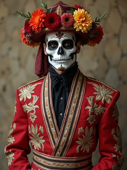 a model in if(gender=f){a traditional outfit with modern fashion elements} if(gender=m){a modern take on traditional clothes}, embodying the balance of tradition and contemporary life during Day of the Dead