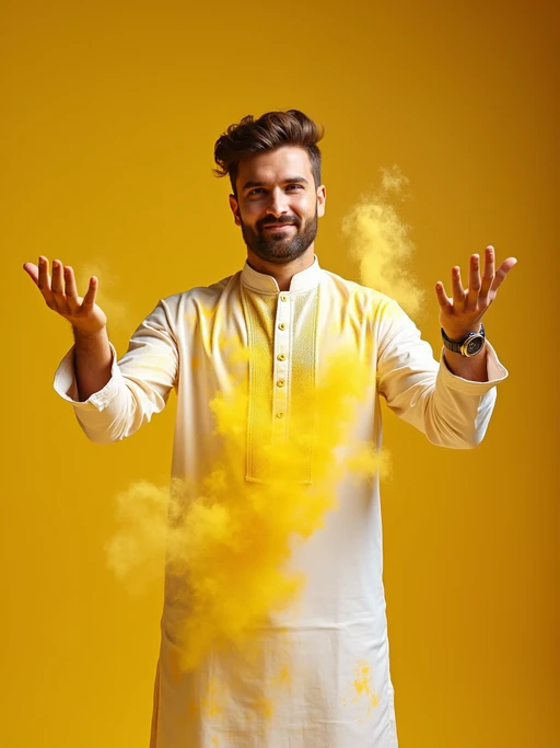 a model in if(gender=f){a white salwar kameez now rainbow-colored from Holi powders} if(gender=m){a white kurta pajama now multicolored from the celebration}, striking a pose while throwing handfuls of bright yellow powder