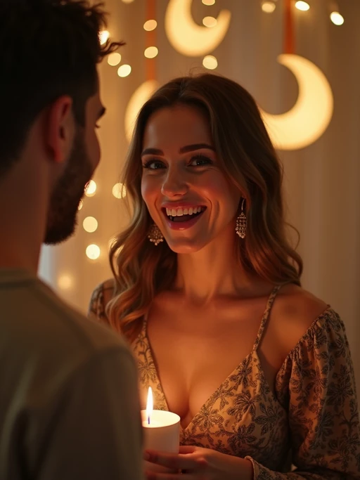 a model with if(gender=f){a happy expression while exchanging Eid greetings in a beautifully decorated space} if(gender=m){a joyful look while giving Eidi to children}, adding a festive quality to their Eid celebration, with soft golden lights and crescent moon decorations visible in the background