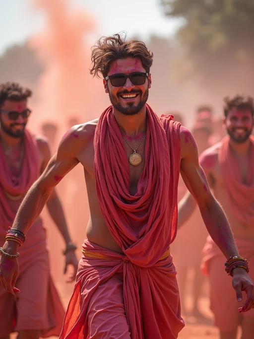 a model in traditional Indian attire splashed with Holi colors, dancing with if(gender=f){a group of friends} if(gender=m){fellow festival participants}, capturing the energetic and playful atmosphere of the festival