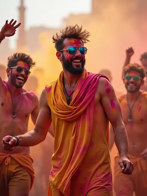 a model in traditional Indian attire splashed with Holi colors, dancing with if(gender=f){a group of friends} if(gender=m){fellow festival participants}, capturing the energetic and playful atmosphere of the festival