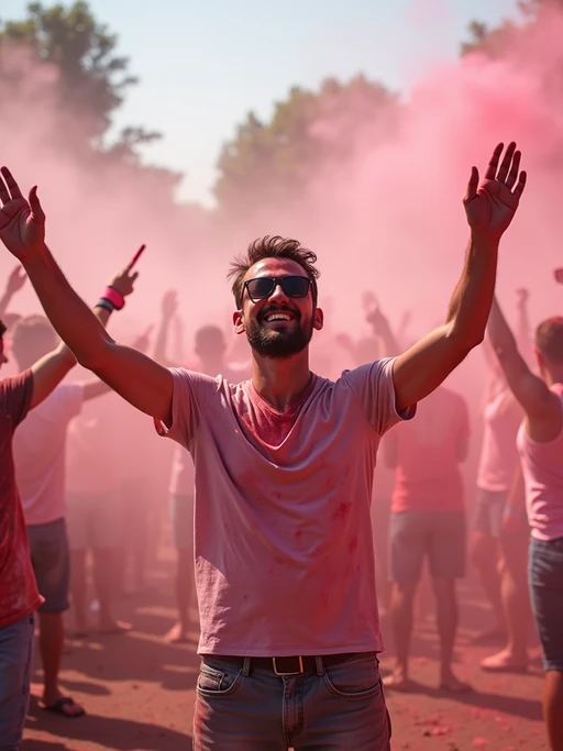 a model enjoying Holi festivities on a sunny day, surrounded by if(gender=f){friends throwing gulal powder} if(gender=m){people spraying colored water}, raising their hands in celebration with multicolored powder clouds in the air