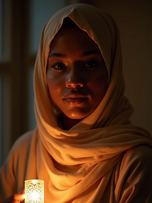 a model with if(gender=f){face framed by a beautiful hijab, illuminated by soft lantern light} if(gender=m){face with a peaceful expression in the glow of Ramadan lights}, capturing the spiritual reflection that defines this holy month