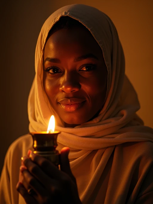 a model with if(gender=f){face framed by a beautiful hijab, illuminated by soft lantern light} if(gender=m){face with a peaceful expression in the glow of Ramadan lights}, capturing the spiritual reflection that defines this holy month
