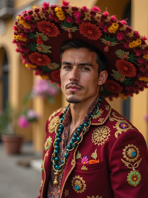 a stunning model in if(gender=f){a modern outfit inspired by traditional Day of the Dead elements} if(gender=m){contemporary fashion with traditional Mexican touches}, capturing their festive look against a backdrop of altars and memorial decorations