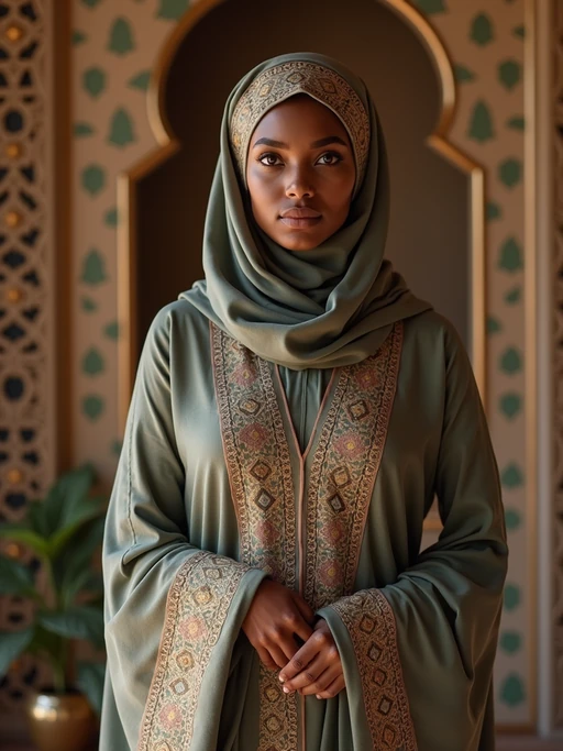a stunning model in if(gender=f){a modern modest outfit with traditional elements} if(gender=m){contemporary modest fashion with traditional touches}, capturing their serene look against a backdrop of Islamic geometric patterns and Ramadan decorations