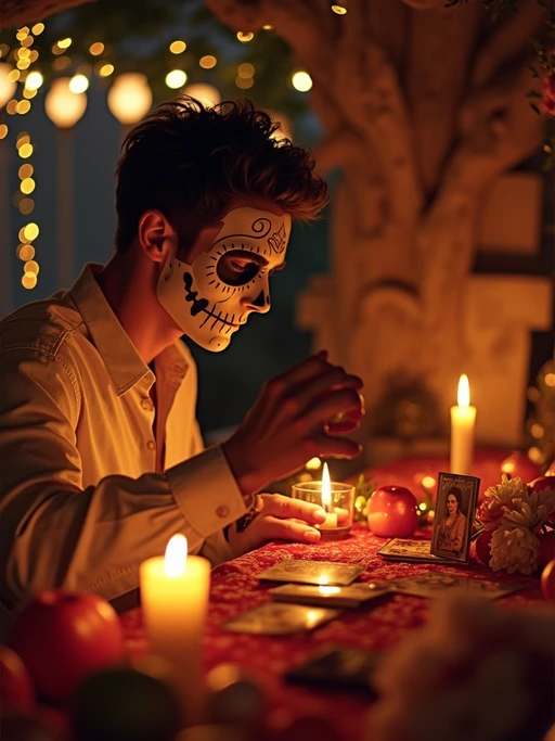 a model enjoying the Día de los Muertos atmosphere, with if(gender=f){hands holding marigold flowers or candles} if(gender=m){hands arranging photos on an ofrenda}, radiating respect and celebration of life