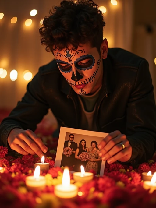 a model enjoying the Día de los Muertos atmosphere, with if(gender=f){hands holding marigold flowers or candles} if(gender=m){hands arranging photos on an ofrenda}, radiating respect and celebration of life