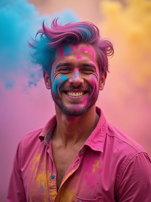 an incredibly attractive model during Holi celebrations, face and clothes covered with pink, blue, and yellow powders, smiling radiantly in the midst of color clouds