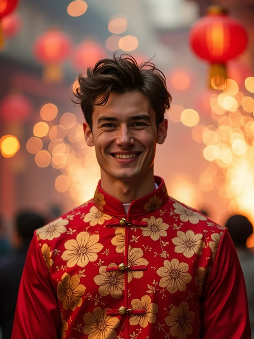 a model in if(gender=f){a festive red outfit with gold accessories} if(gender=m){traditional Chinese New Year clothes with symbolic colors}, capturing their joyful energy during the Lunar Chinese New Year celebrations, with firecrackers and lion dance decorations