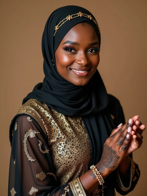 a model in if(gender=f){a modest yet fashionable Eid outfit} if(gender=m){traditional Eid clothes}, capturing their joyful energy during the end of Ramadan celebrations, with henna designs and festive decorations