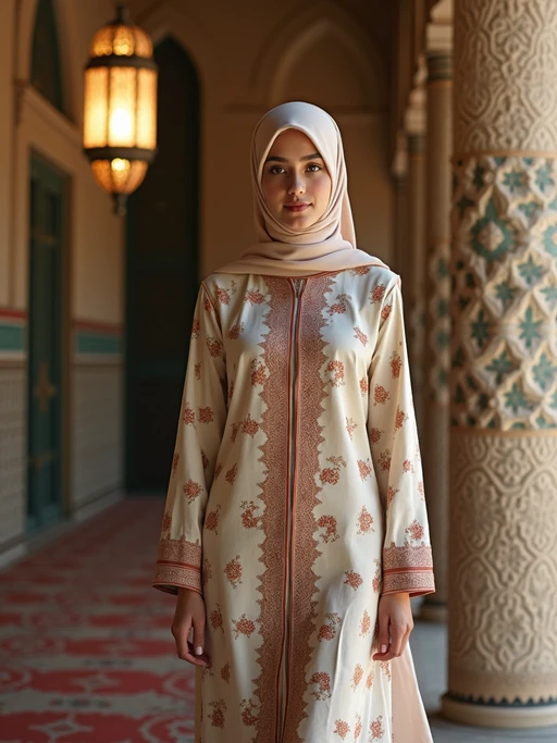 a stunning model in if(gender=f){a modern modest outfit with traditional elements} if(gender=m){contemporary modest fashion with traditional touches}, capturing their festive look against a backdrop of Islamic geometric patterns and Eid decorations