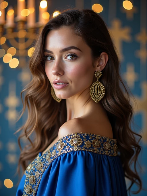 a stunning model in if(gender=f){a modern outfit with traditional blue and gold elements} if(gender=m){contemporary fashion with traditional Jewish touches}, capturing their festive look against a backdrop of Hanukkah symbols and decorations