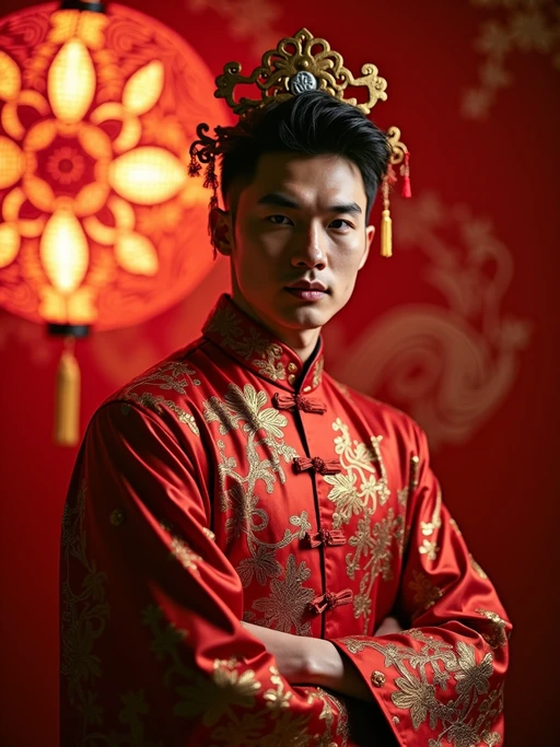 a model in if(gender=f){a modern qipao with traditional motifs} if(gender=m){a stylish outfit with traditional Chinese elements}, striking a pose with beautiful red and gold decorations casting festive light patterns