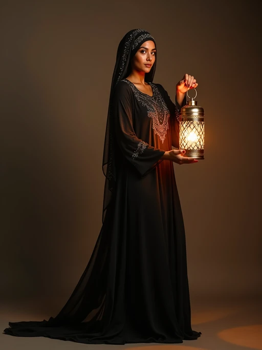 a model in if(gender=f){a flowing abaya with subtle sparkles} if(gender=m){a festive kurta with traditional vest}, striking a pose with a beautiful Ramadan lantern casting intricate light patterns