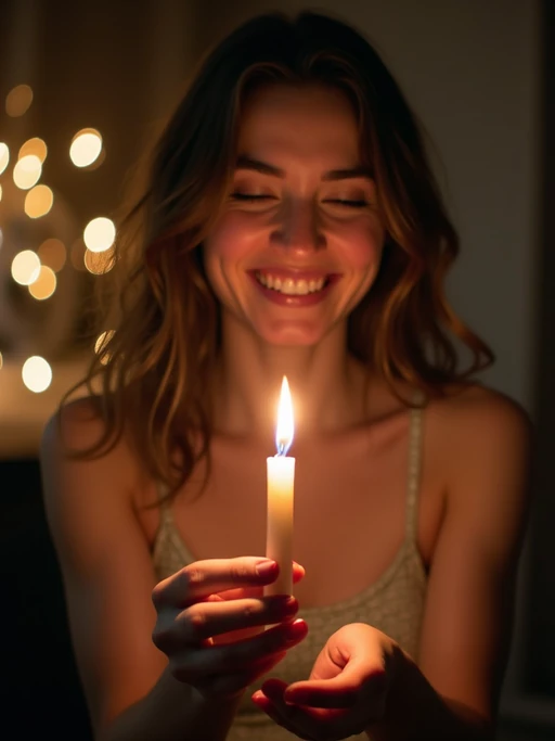 a model enjoying the Hanukkah atmosphere, with if(gender=f){hands lighting the shamash candle} if(gender=m){hands spinning a dreidel}, radiating happiness and spiritual connection