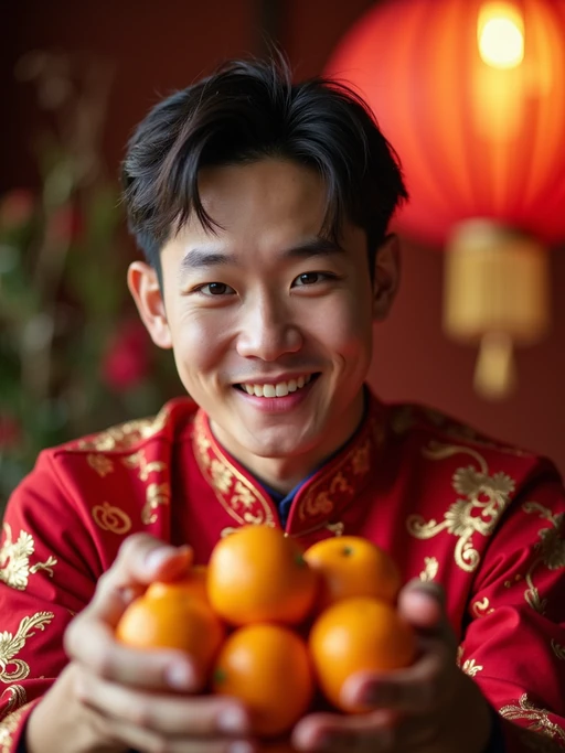 a model in traditional attire during Chinese New Year, sharing if(gender=f){homemade dumplings with family} if(gender=m){mandarin oranges with guests}, capturing the generous and family-oriented spirit of the Spring Festival