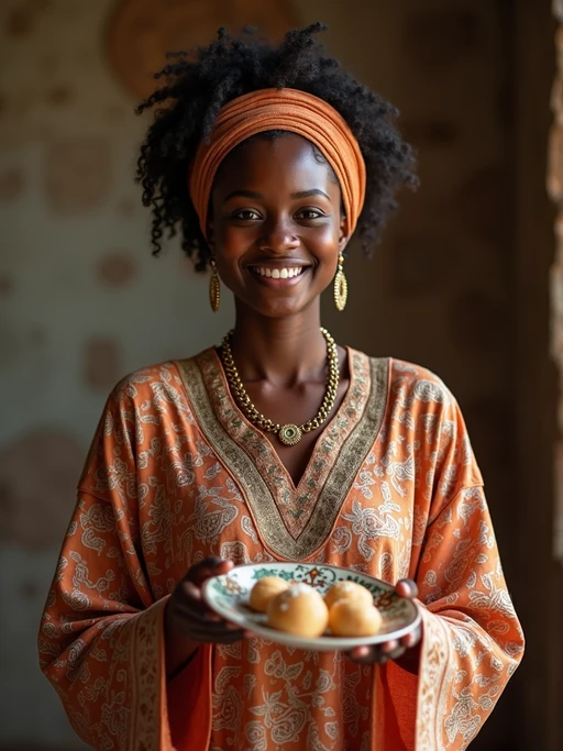a model in traditional attire during Ramadan, sharing if(gender=f){homemade sweets with family} if(gender=m){dates and food with guests}, capturing the generous and community spirit of the holy month