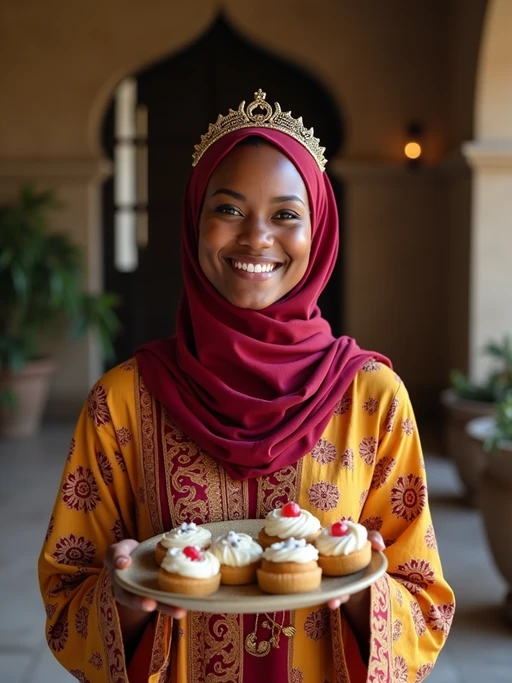 a model in traditional attire during Ramadan, sharing if(gender=f){homemade sweets with family} if(gender=m){dates and food with guests}, capturing the generous and community spirit of the holy month
