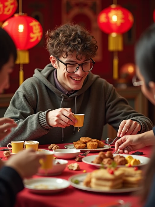 a model enjoying Chinese New Year festivities, surrounded by if(gender=f){family members exchanging red envelopes} if(gender=m){friends playing traditional games}, with a table full of symbolic foods and sweet treats