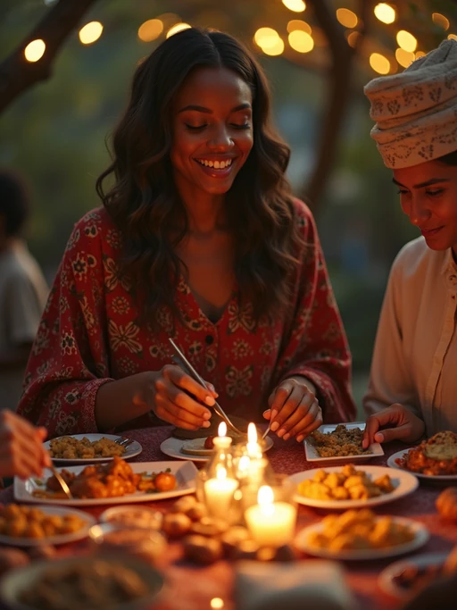 a model enjoying Ramadan festivities in the evening, surrounded by if(gender=f){family members preparing iftar} if(gender=m){friends gathering for breaking fast}, with a table full of traditional foods and sweet treats