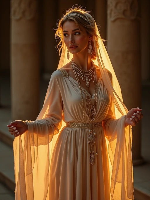 a model in if(gender=f){a flowing abaya with subtle sparkles} if(gender=m){a festive kurta with traditional vest}, striking a pose with beautiful Eid decorations casting intricate light patterns