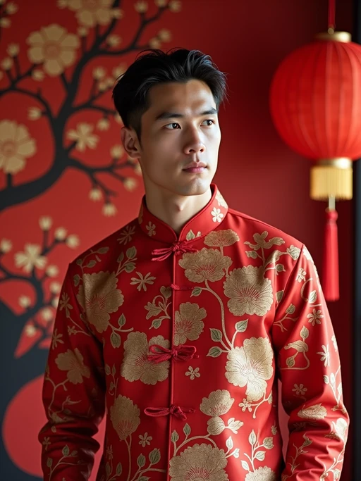 a stunning model with if(gender=f){an elegantly styled hair with traditional accessories} if(gender=m){a traditional look with modern touches}, capturing the essence of Lunar Chinese New Year traditions in a room decorated with plum blossoms and paper-cut decorations