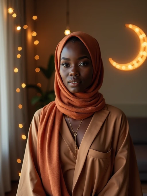a stunning model with if(gender=f){an elegantly styled hijab and modest festive attire} if(gender=m){a traditional cap and formal outfit}, capturing the essence of Ramadan traditions in a room decorated with crescent moons and stars
