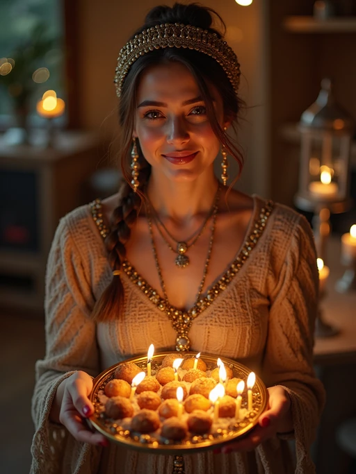 a model in traditional attire during Hanukkah, sharing if(gender=f){homemade sufganiyot with family} if(gender=m){gelt chocolate coins with guests}, capturing the generous and family-oriented spirit of the Festival of Lights