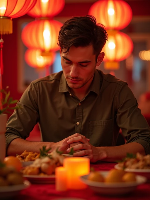 an incredibly attractive model during Chinese New Year evening celebrations, surrounded by glowing red lanterns, preparing for family reunion dinner with mandarin oranges and traditional foods on a beautifully decorated table