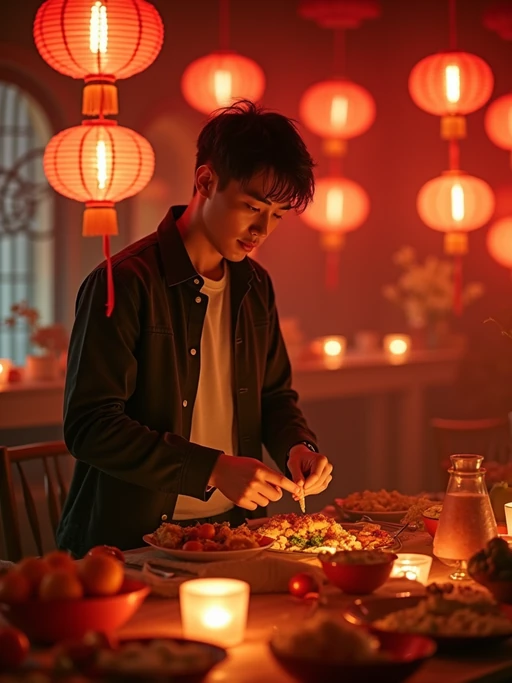 an incredibly attractive model during Chinese New Year evening celebrations, surrounded by glowing red lanterns, preparing for family reunion dinner with mandarin oranges and traditional foods on a beautifully decorated table