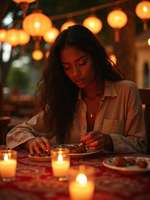 an incredibly attractive model during Ramadan evening celebrations, surrounded by glowing fanous lanterns, preparing for iftar with dates and water on a beautifully decorated table