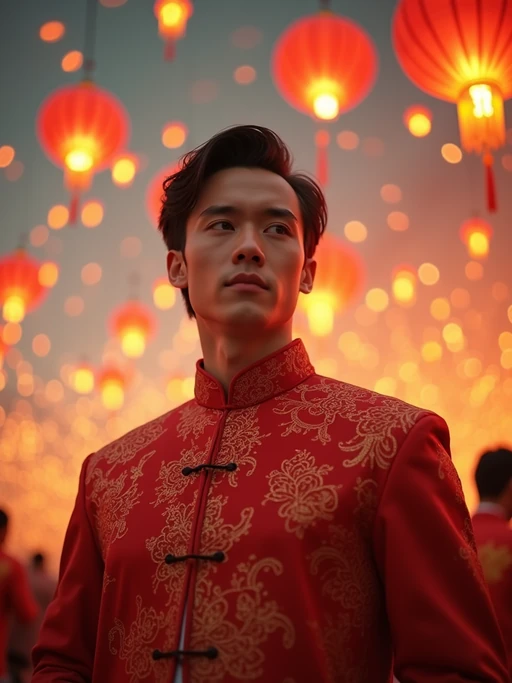 a stunning model celebrating Chinese New Year, sky full of traditional floating lanterns, wearing if(gender=f){a beautiful qipao dress in red and gold} if(gender=m){a traditional Tang suit in auspicious colors}