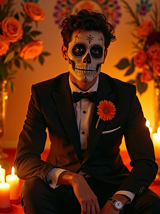 a stunning model celebrating Day of the Dead, surrounded by marigold flowers and candles, wearing if(gender=f){a beautiful traditional dress with colorful embroidery} if(gender=m){a formal suit with traditional elements}, with sugar skull decorations and papel picado in the background