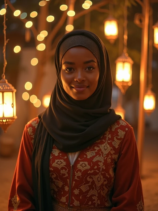 a stunning model celebrating Ramadan, surrounded by traditional lanterns and fairy lights, wearing if(gender=f){a beautiful modest outfit with elegant hijab} if(gender=m){a traditional thobe or kurta}, with crescent moon decorations in the background